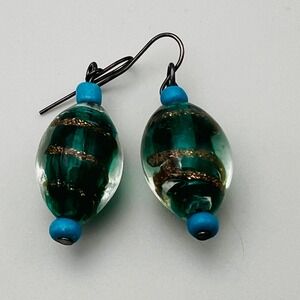 Art Glass Dangle Earrings Oval Aqua Blue Gold Swirl‎ Bead Artisan Boho Retro